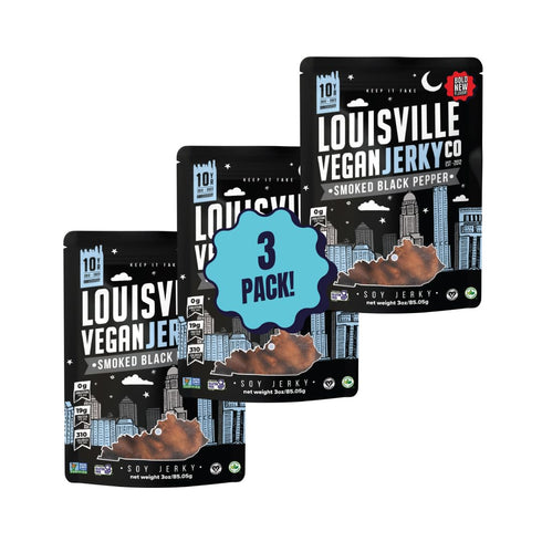 Louisville Vegan Jerky, Smoked Black Pepper, 19 Grams Non-GMO Soy Protein, Gluten-Free High Protein Snacks, 3 oz, 3 Pack