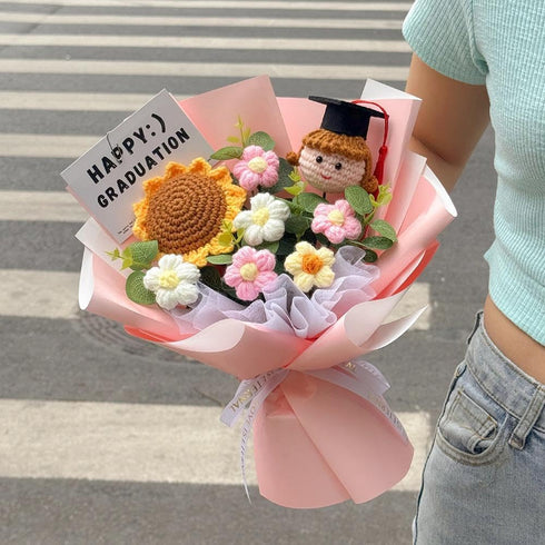 Generic 2026 Graduation Crochet Flower Bouquet Knitted Grad Doll,Handmade Crochet Flower Bouquet with Sunflower