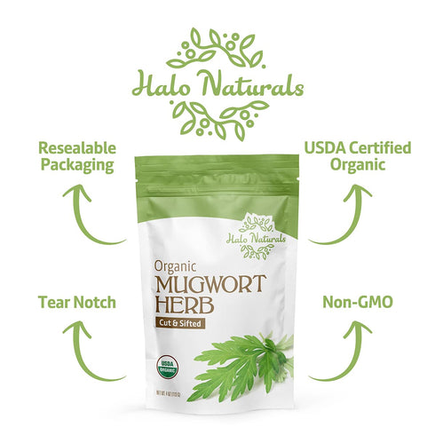 Halo Naturals 4 Packaged (Pack 1) Organic Mugwort Herb Cut & Sifted, Ounces (Artemisia vulgaris) USDA Certified |