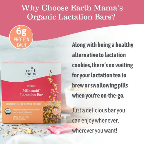 5 Count Earth Mama Organic Milkmaid Lactation Bars, Chocolate Chip Peanut Butter, USDA Certified Organic Breastfeeding
