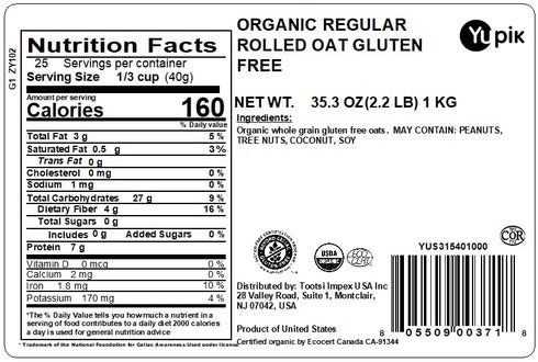 2.2 lb (35.2 oz), Yupik Organic Regular Rolled Oats, Gluten-Free, Non-GMO, Vegan, Kosher, Steamed, Rolled, and Lightly