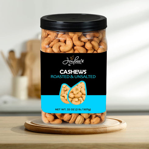 32 oz (2 lbs) Jaybees Roasted Unsalted Whole Cashews Bulk Snack Natural Protein Superfood, Vegan, Keto Friendly
