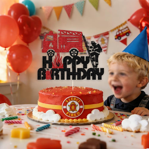 Firefighter-Themed Glitter Fire Truck Cake Topper for Kids' Birthday Parties
