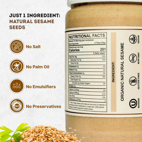 THE HOLLY TREE 16 oz (1lb) Hummus Organic Tahini Paste - Unhulled White Sesame Tahini Dressing - USDA Certified, Gluten