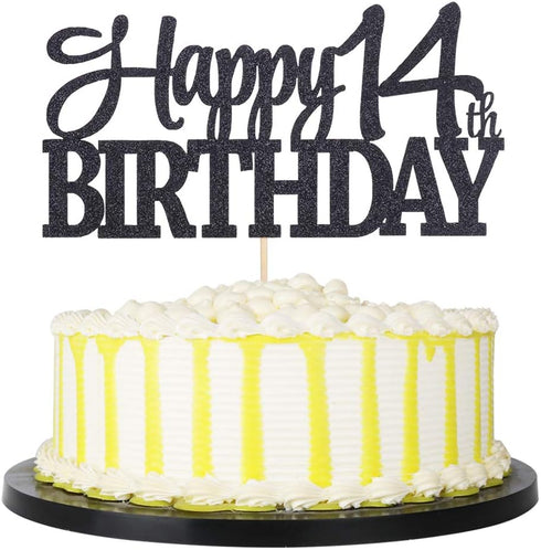 PALASASA Black Glitter Happy 14th Birthday Cake Topper | 14 Anniversary Party Decoration
