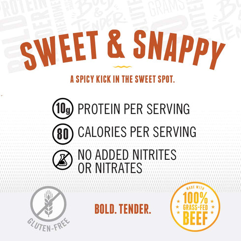 100% 2.2oz (Pack 12) 10g Perky Jerky Sweet and Snappy Grass Fed Beef Jerky, of - Antibiotic Free - Protein Per Serving
