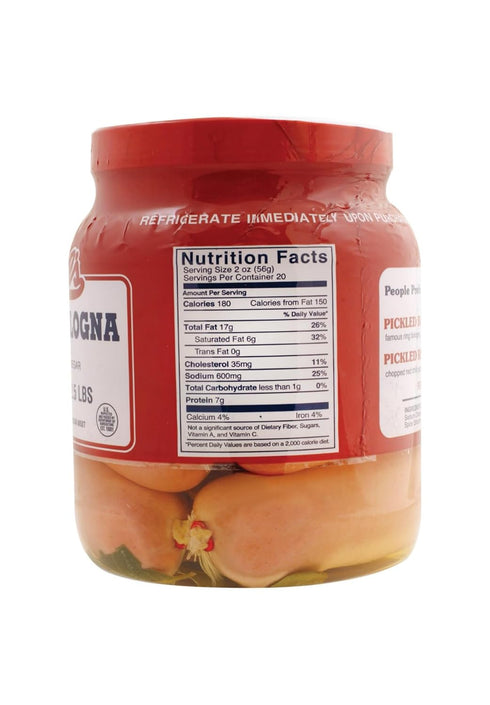 Koegel's packed 40-oz Koegels pickled bologna in spiced vinegar, plastic jar, refrigerate after opening