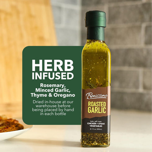 8.1 oz Benissimo Roasted Garlic Herb Infused Oil Blend Gourmet Garlic Oil for Sauting, Drizzling, and Roasted Garlic