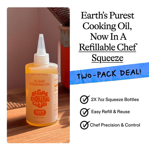100% 7oz (2 Pack) 535F, Omega-9, Algae Cooking Club Chef-Grade Algae Cooking Oil Squeeze Bottles High Smoke Point Rich