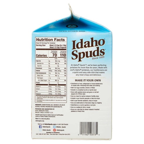 Generic 33.1 oz (2 LB 1.1 oz) Idaho Spuds Real Potato, Gluten Free, Golden Grill Hashbrown Potatoes. Large Carton