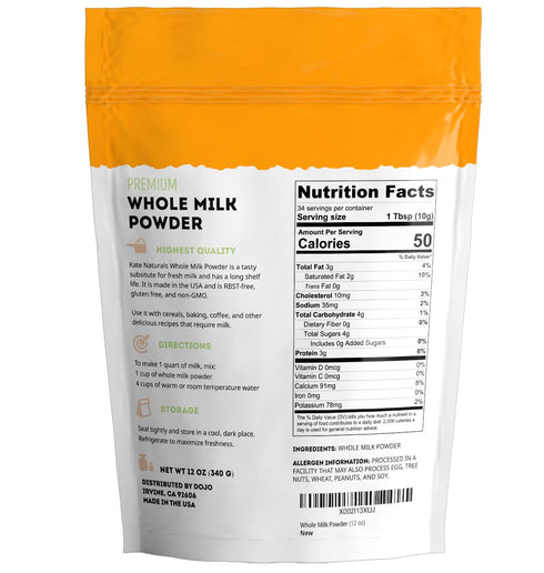 (12oz) Kate Naturals Dry Whole Milk Powder for Baking, Coffee & Milkshakes RBST-Free, Made in USA, Dried Powdered