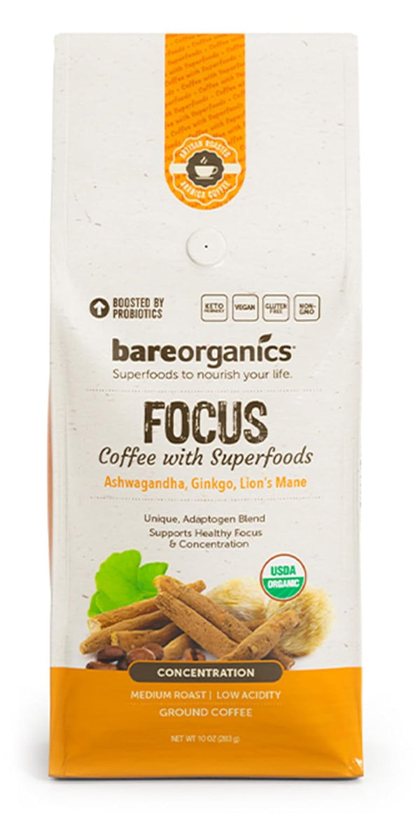 Focus Coffee with Superfoods - Organic Probiotic Mushroom Ground Bagged Coffee, Supports