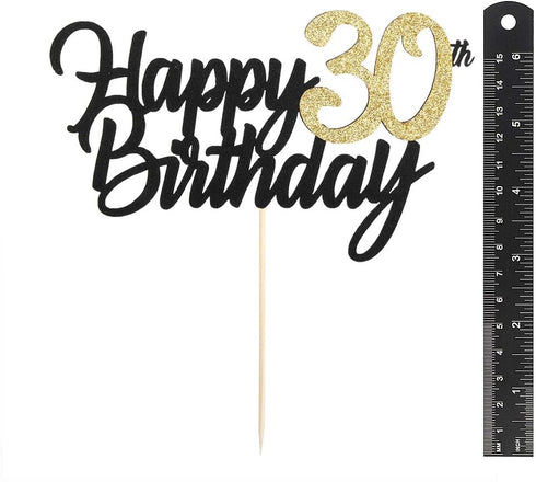 PALASASA Black Gold Glitter Happy Birthday Cake Topper - 30th Anniversary/Birthday Party Decoration