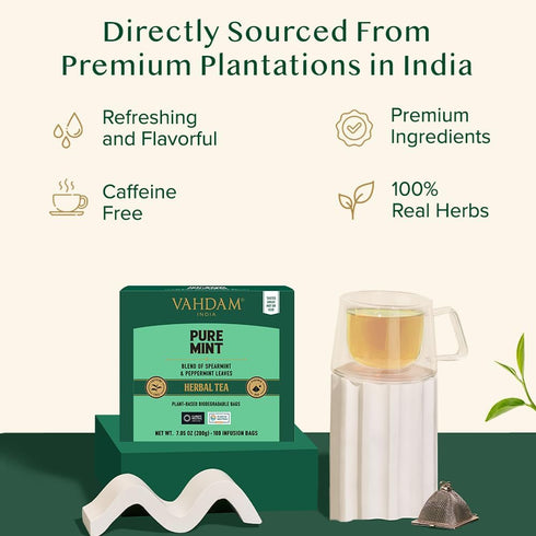 VAHDAM Pure Mint Herbal Tea, 100 Pyramid Tea Bags, Caffeine Free, Non GMO, Gluten Free, Sweet & Minty, Resealable