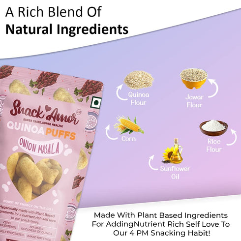SnackAmor 100% 100% Pack 6 50 Pack Quinoa Puffs Flavors of Onion Masala Roasted & Healthy Snack No Maida Rich
