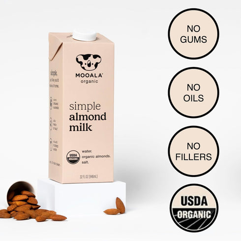 32oz 3 Mooala Organic Simple Almond Milk, - Ingredient, Shelf Stable, No Gums, No Oils, No Fillers, Unsweetened