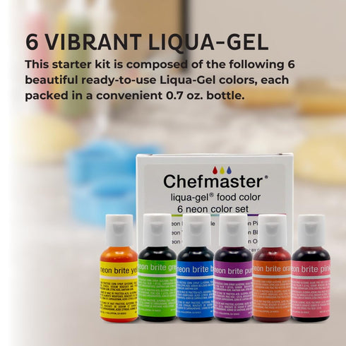 6 Pack 20ml Chefmaster - Neon Liqua-Gel Food Coloring - Fade Resistant - of Bottles - Stunning Vivid Colors