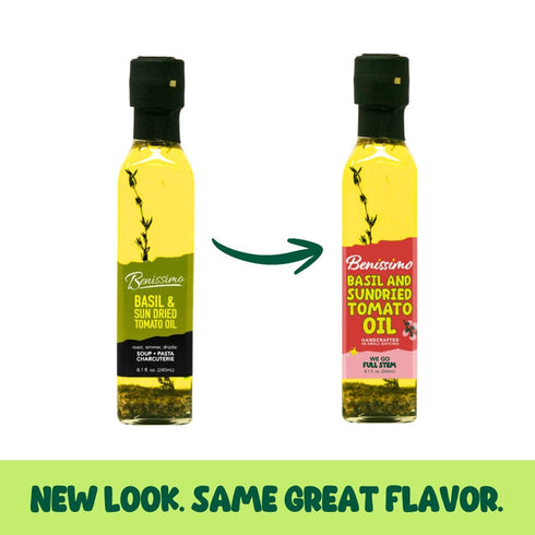 8.1 oz Benissimo Basil and Sun Dried Tomato Herb Infused Oil, All Natural Gourmet Cooking Oil with Garden-Fresh Herbs