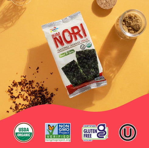 KIMNORI Organic Sweet 'N Spicy Seasoned Seaweed Snacks Sheets, 12 Individual Packs, 4g 100% Natural Laver