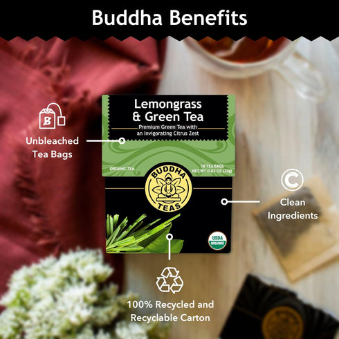 Wellbeing 18 (Pack 1) Buddha Teas - Organic Lemongrass & Green Tea - For Health & - Organic Tea - With Antioxidants