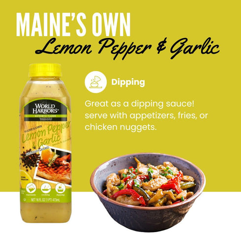 16 oz (Pack 2) World Harbors Lemon Pepper Garlic Sauce & Marinade, Made in Maine, Ideal for Chicken Wings, Seafood