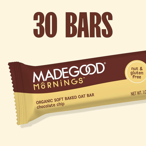 1.06 Oz (30 Count) MadeGood Mornings Soft Baked Breakfast Bars, Chocolate Chip, Gluten Free Snacks