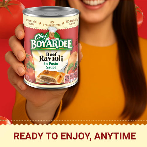 15 oz 12 Pack Beef Ravioli in Hearty Meat Sauce, Large Cans, Bulk - Classic Canned Pasta & Comfort Food for Quick