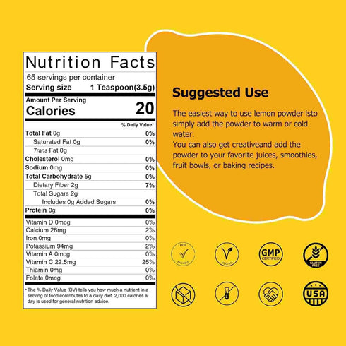 orgnisulmte 8 Oz Lemon Powder,Whole Lemon Juice Freeze Dried Powder Strong Lemony Flavor
