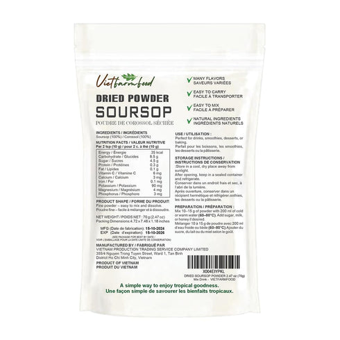 2.47 oz (70g) SOURSOP POWDER VIETFARMFOOD: Pure freeze-dried fruit powder, made from real fruit with no added sugar
