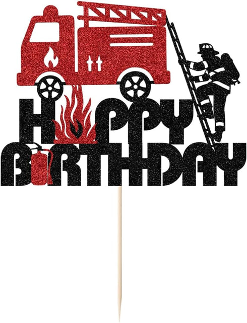 Firefighter-Themed Glitter Fire Truck Cake Topper for Kids' Birthday Parties