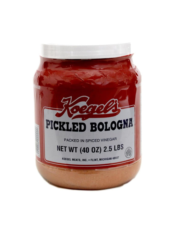 Koegel's Koegels pickled bologna packed in spiced vinegar, 40-oz plastic jar, refrigerate after