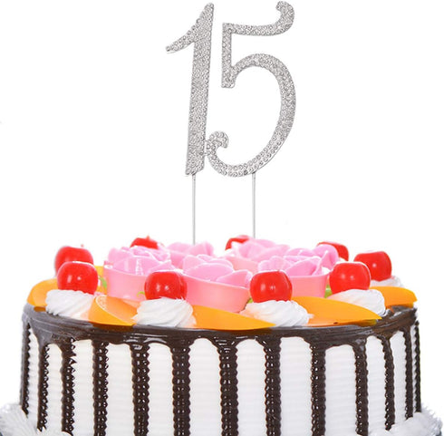 JANOU 15 Cake Topper Number 15, Crystal Rhinestones for Birthday Anniversary Party Decoration