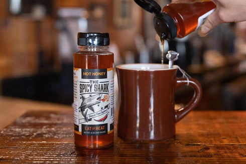 The Spicy Shark 12 oz 100% Hot Honey Bottle pure Spicy Hot Honey, Made in the USA, Gluten-Free & Paleo - Brand featured