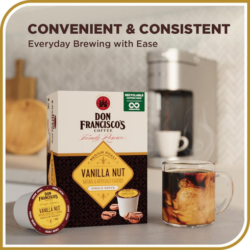 55 Count, Don Francisco's Vanilla Nut Flavored Coffee Pods, Medium Roast, Compatible with Keurig Brewers