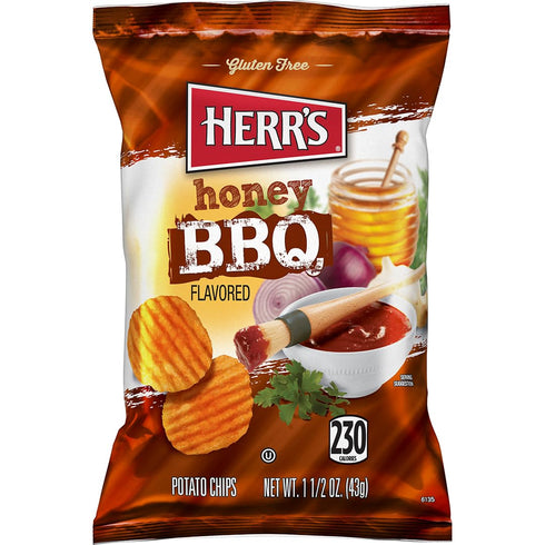 1.5 (Pack 24 Herr's Honey BBQ Potato Chips, Ounce of Bags) Sweet and Smoky Potato Chips Perfect for School, Work