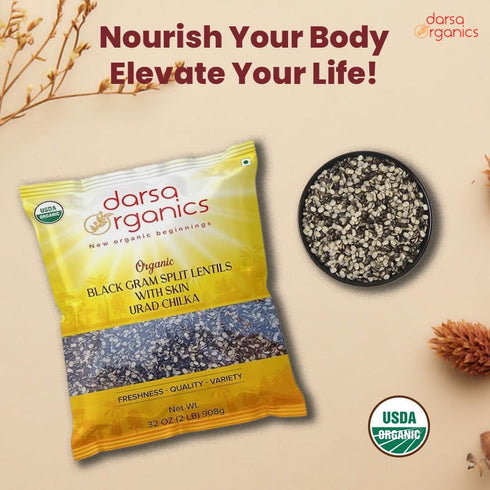 2lb Darsa Organics Split Urad Dal (Chilka) - Organic Black Gram Lentils with Skin - USDA Certified, Non-GMO