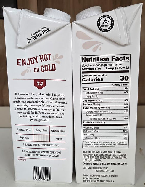 Generic 32fl oz 946ml Trader Joe Unsweetened Almond Cashew & Macadamia Nut Beverage (Two Cartons)