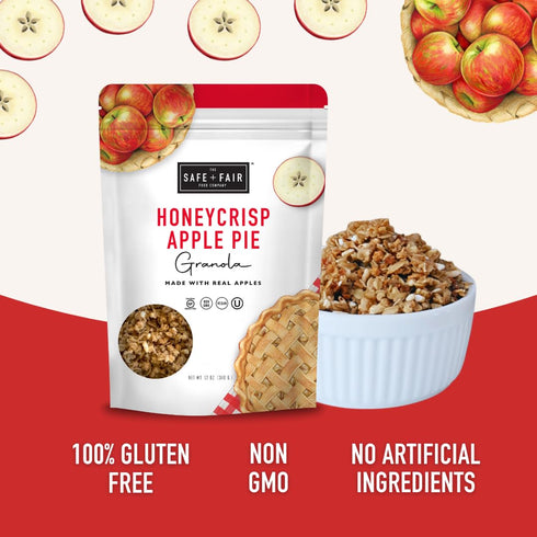 Safe + Fair Honeycrisp Apple Pie Granola – Gluten-Free, Vegan Plant-Based Snack with Real Honeycrisp Apples, 12oz