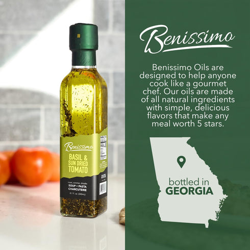 8.1 oz Benissimo Basil and Sun Dried Tomato Herb Infused Oil, All Natural Gourmet Cooking Oil with Garden-Fresh Herbs