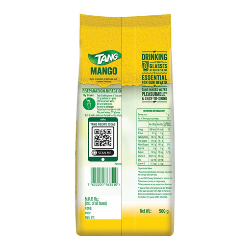 500 (17.6 oz) Tang Mango Instant Drink Mix, grams pouch - India