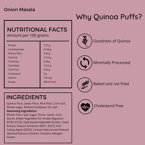 SnackAmor 100% 100% Pack 6 50 Pack Quinoa Puffs Flavors of Onion Masala Roasted & Healthy Snack No Maida Rich