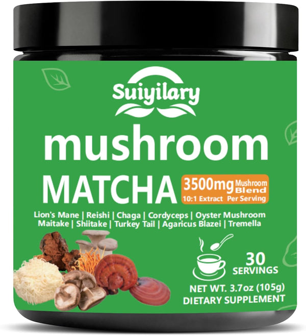 Suiyilary 10 Mushroom Matcha Powder with Lion's Mane, Reishi, Mushroom Polysaccharides &
