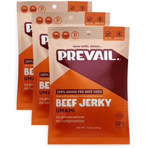 PREVAIL Umami Grass-Fed Beef Jerky | SOY FREE | 100% Grass-Fed | Gluten Free Snacks | Pack of 3 Bags, 2.25oz