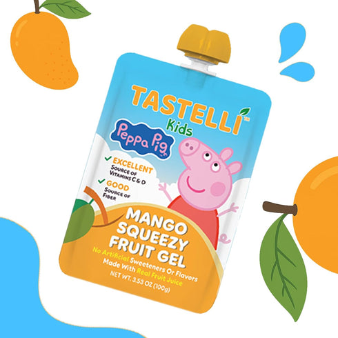 10 Count Tastelli Peppa Pig Kids Squeezy Fruit Gel Mango Flavor No Artificial Sweeteners or Flavors, Made with Real