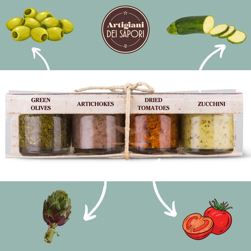 Set, 1.3 oz Pack 4 ARTIGIANI DEI SAPORI - Bruschetta each, Tomato Chopped, Artichokes, Sun-Dried Tomato, Smooth