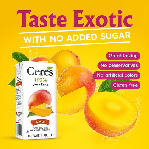 100% 33.8 OZ (Pack 6) Ceres All Natural Pure Fruit Juice Blend - Delicious Mango Edition - Rich in Vitamin C, No Added