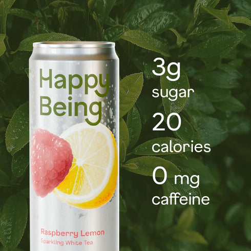 12oz (4 Pack) Happy Being Raspberry Lemon Sparkling White Tea Antioxidant & Polyphenol Rich, Infused with Turmeric
