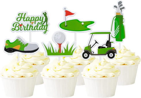 24Pcs Golf Cupcake Toppers, Golf Shoes Bag Ball Carts Lawn Cake Picks for Birthday Party Supplies