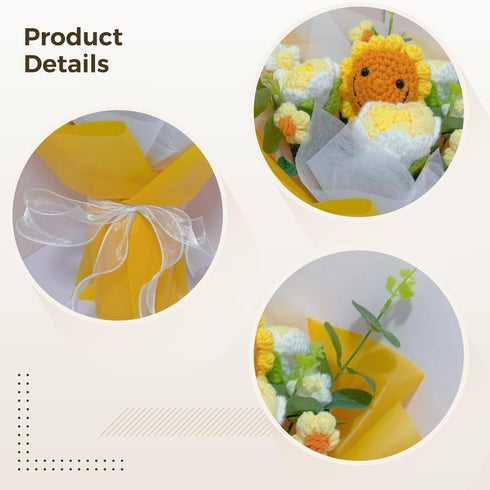 Crochet Flower Bouquet, Sunflower, Rose, Yellow Wrapped Gift For Mother'S Day