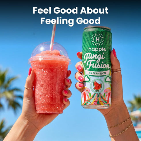 (900mg), (6 Pack) Happie Fungi Fusion Watermelon Sparkling Mushroom Drink with Lion's Mane Cordyceps & Reishi